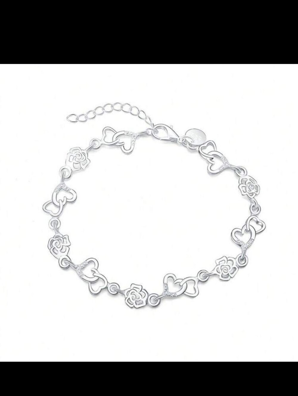 1pc 925 Sterling Silver 8in Charms Heart & Rose/flower Link Bracelet For Women. - Picture 4 of 12